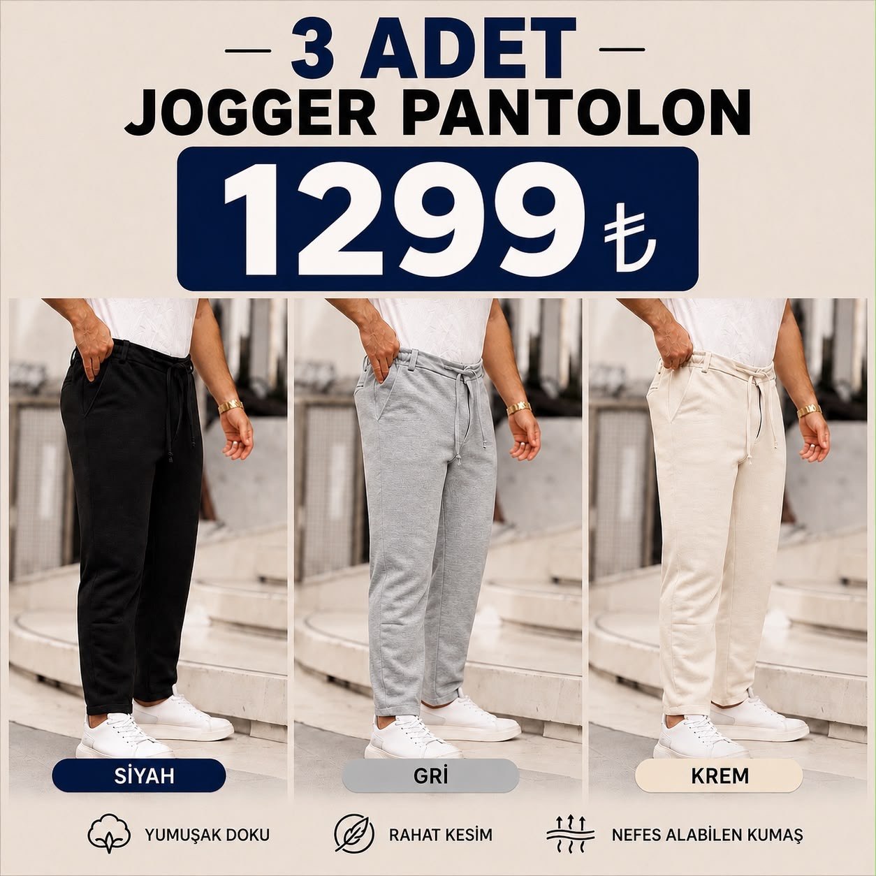 3 Adet Jogger Pantolon (Siyah + Gri + Krem)