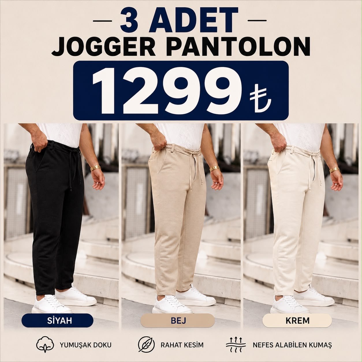 3 Adet Jogger Pantolon (Siyah + Bej + Krem)