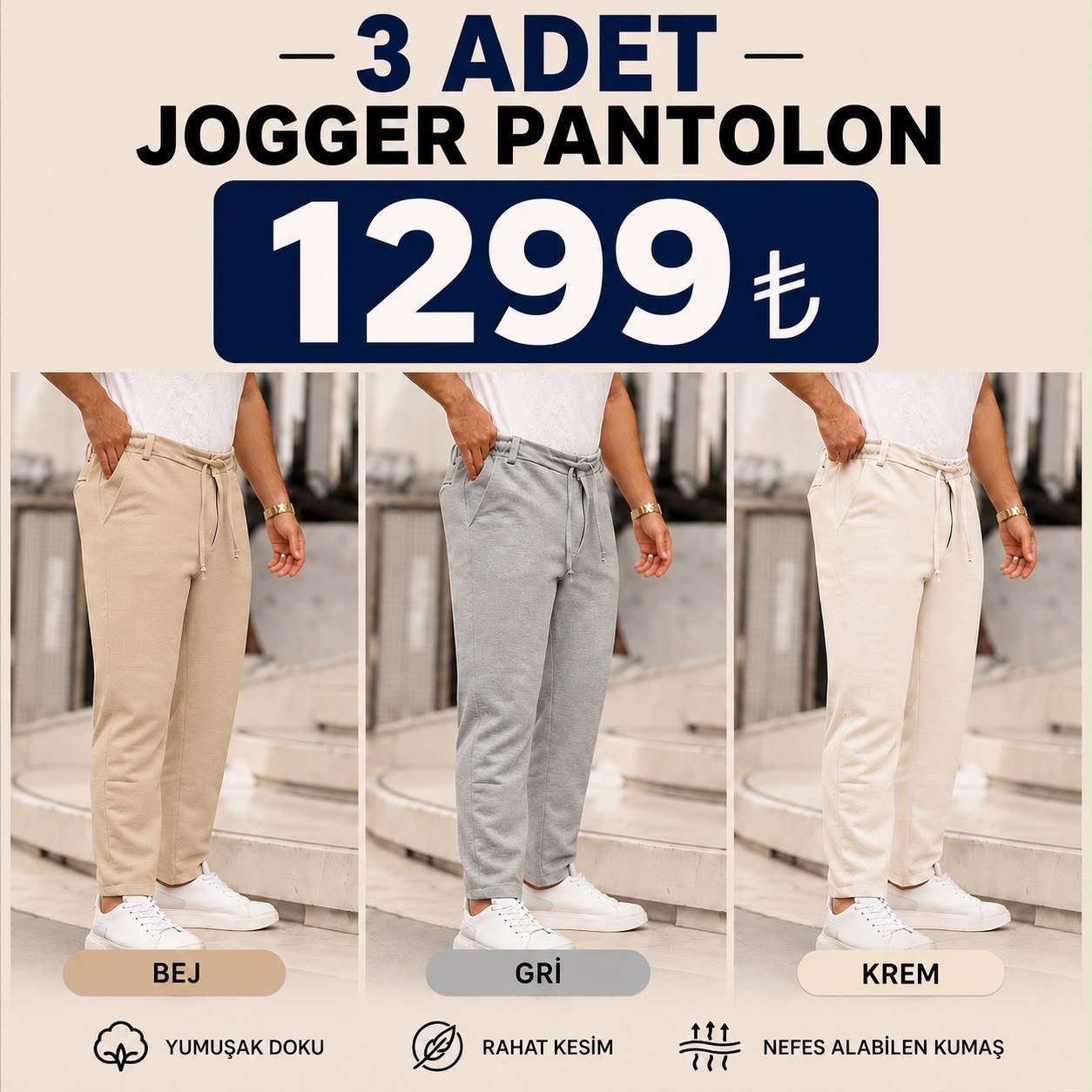 3 Adet Jogger Pantolon (Bej + Gri + Krem)