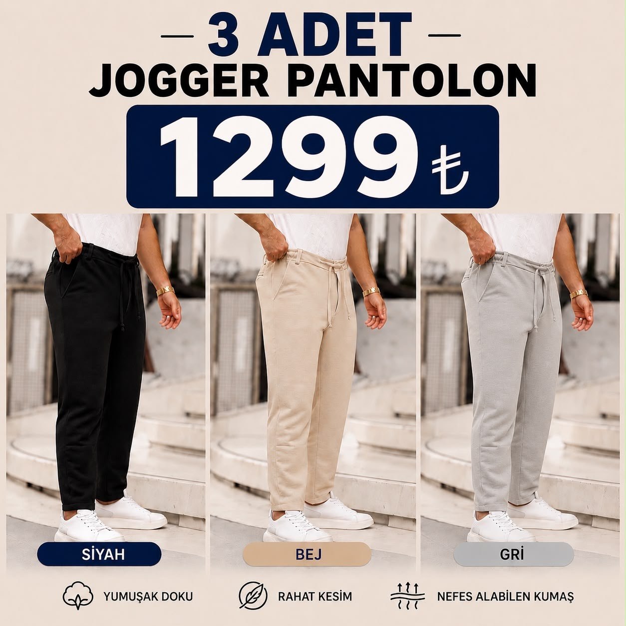 3 Adet Jogger Pantolon (Siyah + Bej + Gri)
