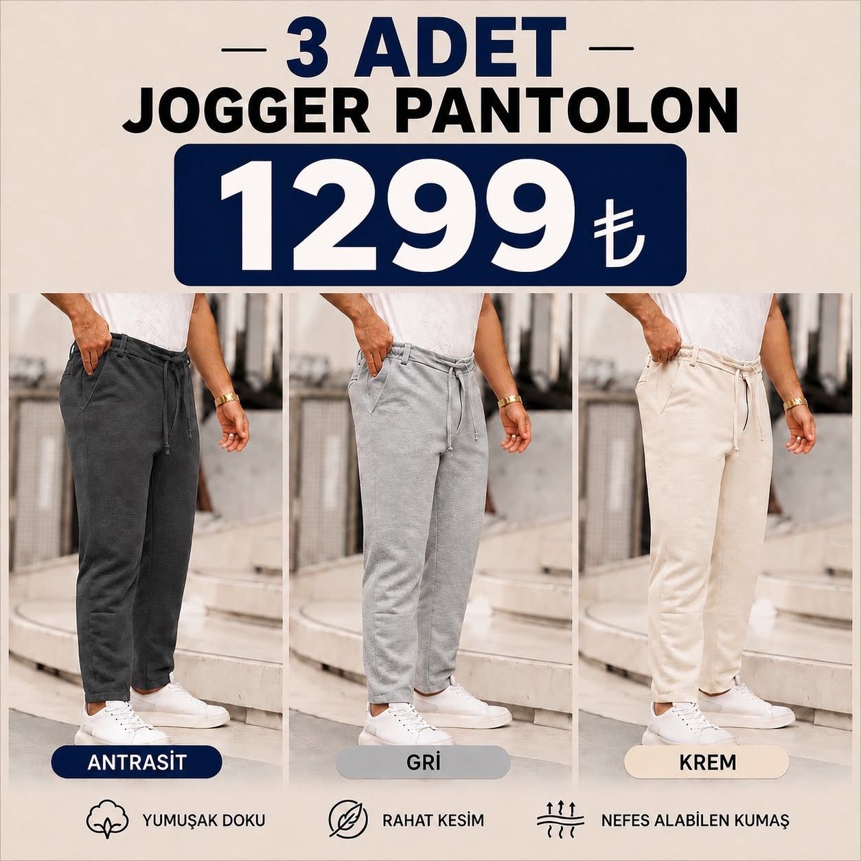 3 Adet Jogger Pantolon (Antrasit + Gri + Krem)